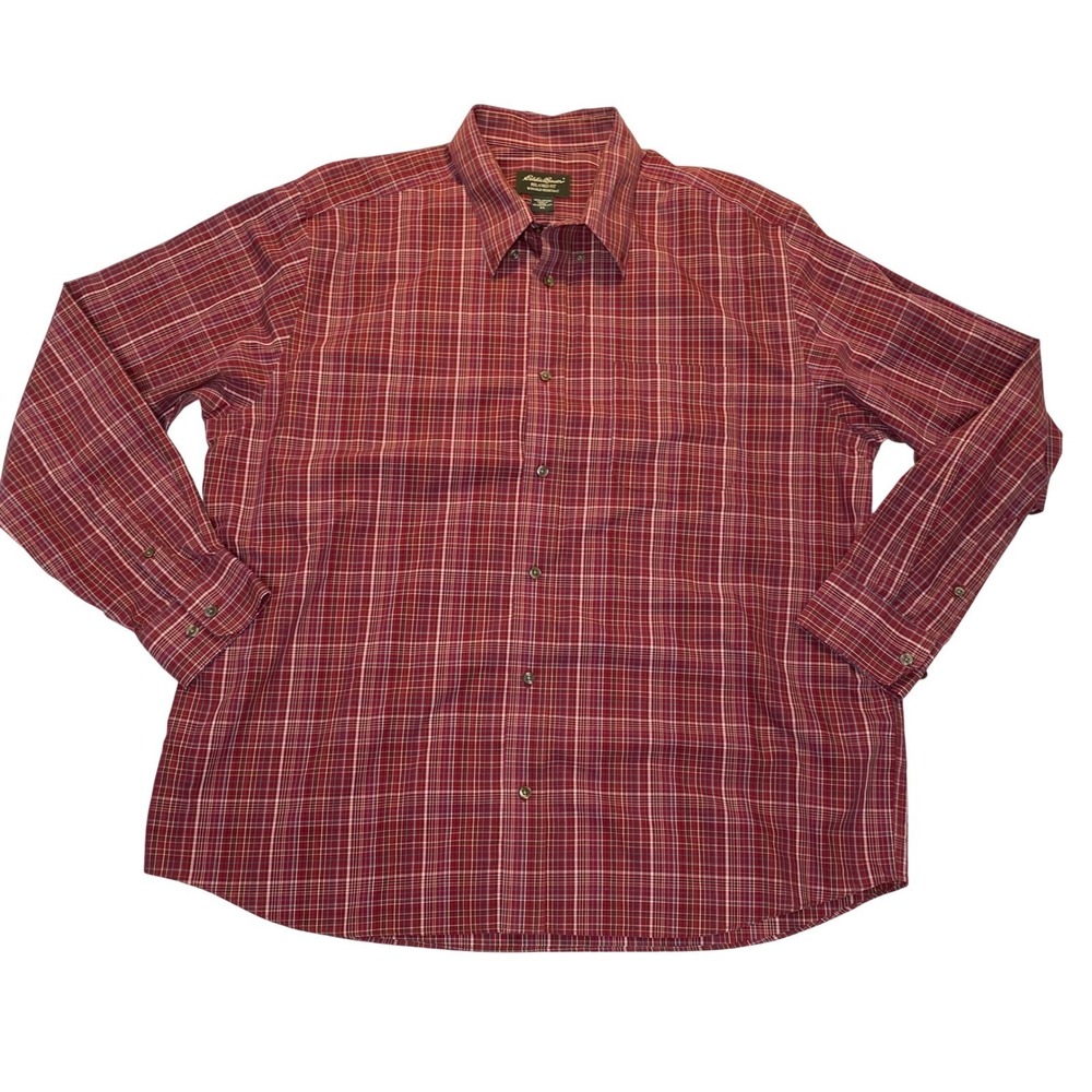 Eddie Bauer Mens XL Red Plaid Button Down Shirt Relaxed Fit Wrinkle Resistant
